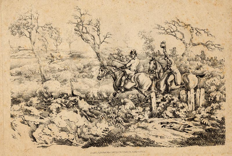 afbeelding van prent Fox hunting - jacht van Henry Thomas Alken (Paard)