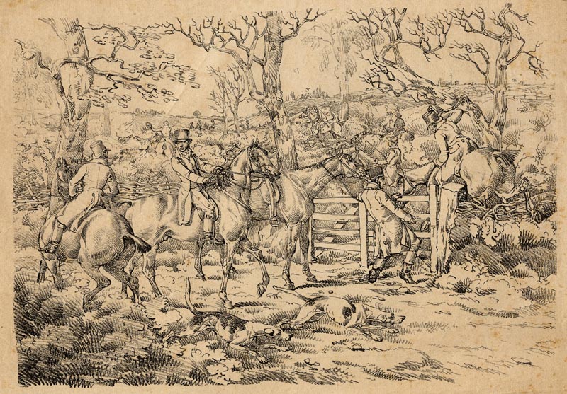 afbeelding van prent Sportsmen within an enclosure - jacht van Henry Thomas Alken (Paard)
