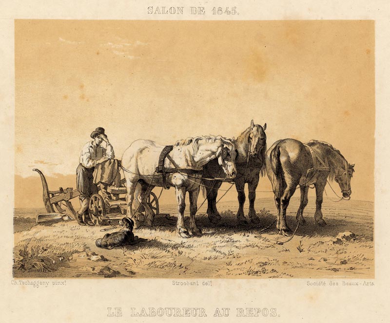 afbeelding van prent Le laboureur au repos / de rustende landarbeider van Ch. Tschaggeny (Paard)