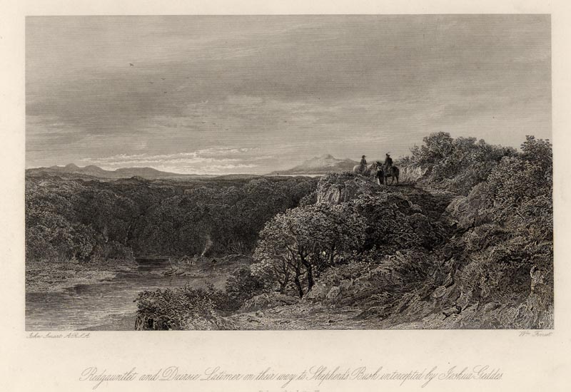 afbeelding van prent Redgauntlet and Daisie Latimer on their way to Shepherd´s Bush intercepted by Joshua Geddes van William Forrest naar John Smart