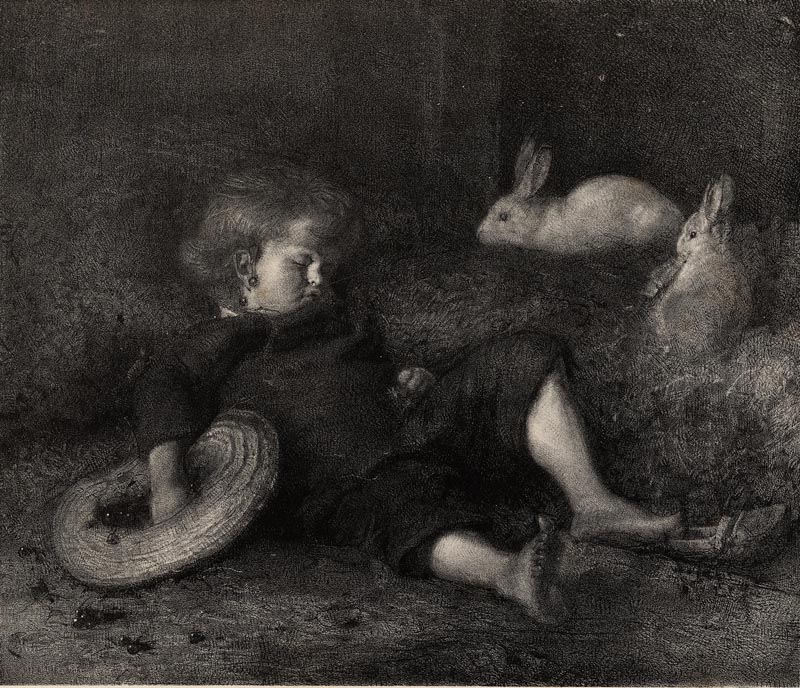 afbeelding van prent Slapend kind met konijnen van Felix Schlesinger (Konijn, )