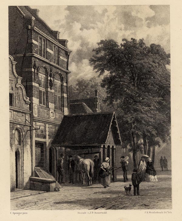 afbeelding van prent Hollands stadsgezicht van F.H. Weissenbruch naar Cornelis Springer