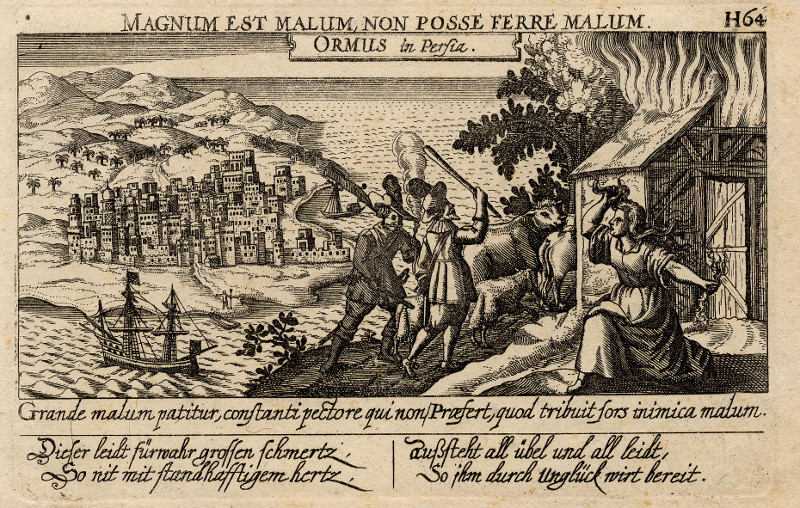 afbeelding van prent Ormus in Persia, Magnum est malum, non posse ferre malum van Daniel Meisner (Hormuz, Hormoz, Ormoez)