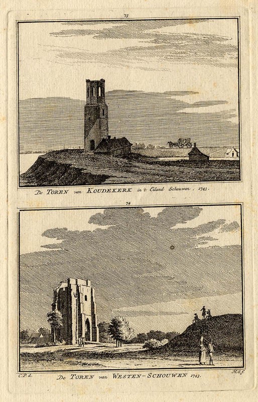 afbeelding van prent De Toren van Koudekerk  en de Toren van Westen-Schouwen van H. Spilman en C. Pronk (Koudekerke, Schouwen)