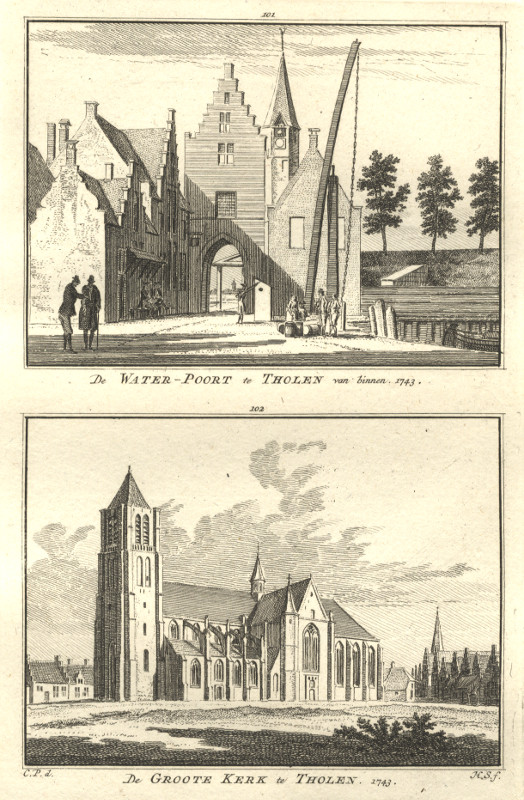 afbeelding van prent De Water-Poort te Tholen van binnen; De Groote Kerk te Tholen. 1743 van H. Spilman, C. Pronk (Tholen)