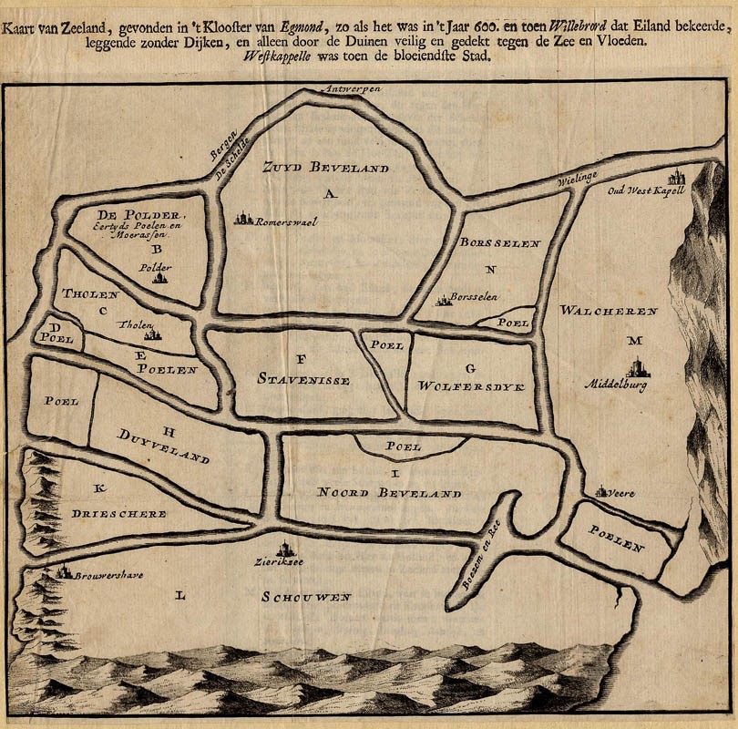 afbeelding van kaart Kaart van Zeeland, gevonden in ´t klooster van Egmond, zo als het was in ´t jaar 600... van Samuel Luchtmans en Zoon