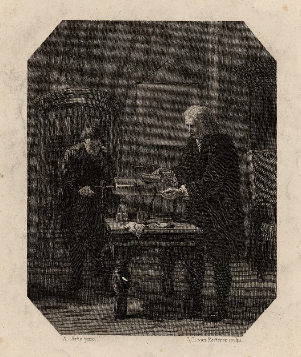 afbeelding van prent Pieter van Musschenbroeck en Andreas Cunaeus met een Leidse fles van C.L. van Kesteren, naar A. Artz (wetenschappers, )