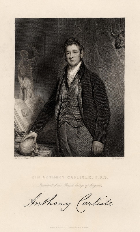 afbeelding van prent Sir Anthony Carlisle, F.R.S., President of the Royal College of Surgeons van H. Robinson, Sir M.A. Shee, P.R.A., naar Henry Bone (wetenschappers, )