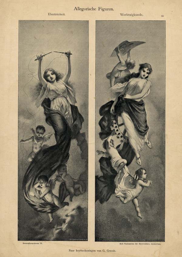 afbeelding van prent Allegorische figuren: Electriciteit, Werktuigkunde van G. Grassis