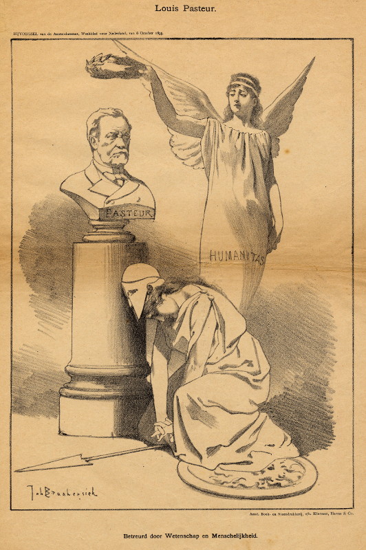 afbeelding van prent Louis Pasteur - Betreurd door Wetenschap en Menschelijkheid van Johan Braakensiek (wetenschappers, )