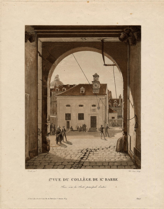 afbeelding van prent 1ère vue du Collège de Sainte Barbe van W. Denis, naar E. Bouhot (Parijs)