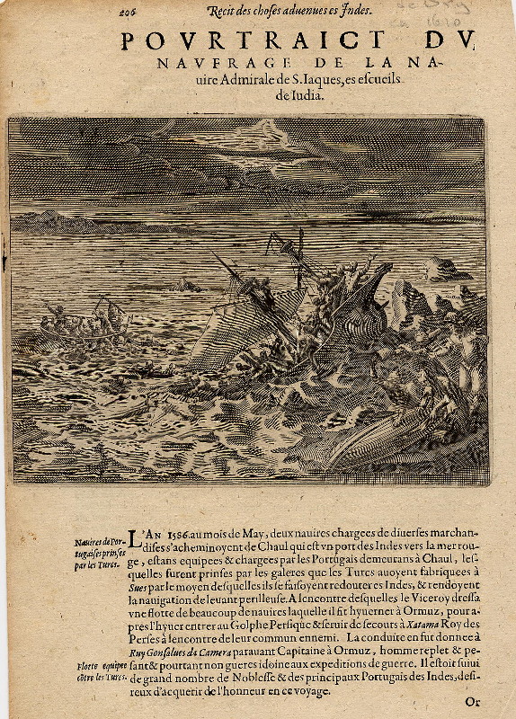afbeelding van prent Pourtraict du naufrage de la nauire Admirale de S.Jaques, es escuils de India van Theodor de Bry (Schip, )