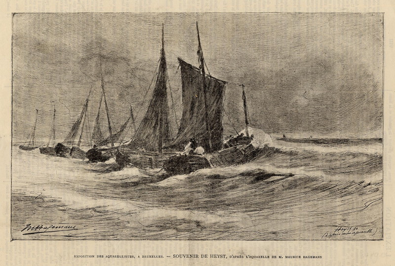 afbeelding van prent Souvenir de Heyst, d´après l´aquarelle de M. Maurice Hagemans van Heyst, naar Maurice Hagemans (Schip, )