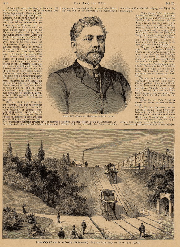 afbeelding van prent Gustav Eiffel, Erbauer des Eiffelthurmes in Paris; Strassenbahn-elevator in Jersey-city van nn (wetenschappers, )