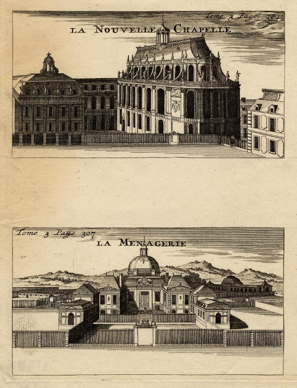 afbeelding van prent La nouvelle chapelle, la menagerie van nn (Versailles)