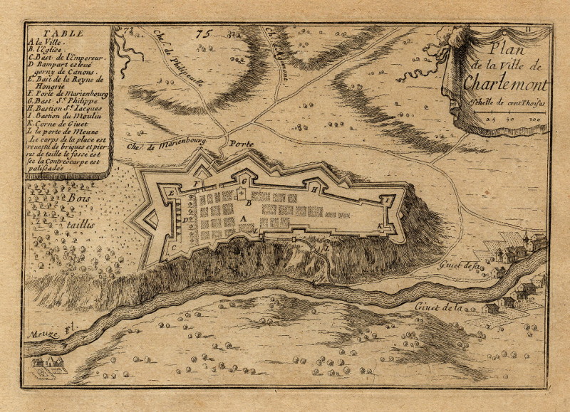 afbeelding van vogelvlucht Plan de la Ville de Charlemont van Laurens Scherm (Givet)