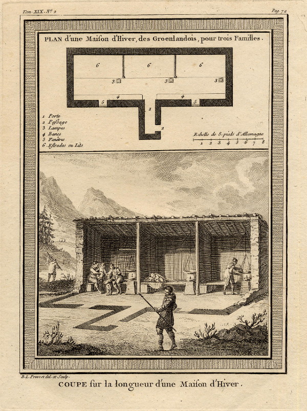 afbeelding van prent Coupe sur la longueur d´une maison d´hiver van B.L. Prevost