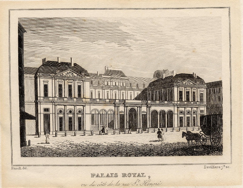 afbeelding van prent Palais Royal, vu du cote de la rue St. Honoré van Devilliers, naar Rauch (Parijs)