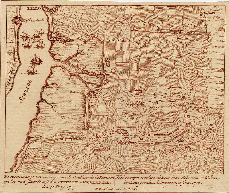 afbeelding van plattegrond De roemruchtige verwinninge van de Geallieerde de Franssen uyt het veld slaande tusschen Eekeren en  van Pieter Schenk (Ekeren, Wilmarsdonk)