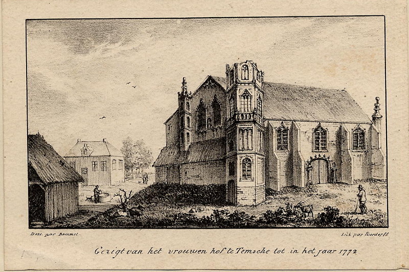 afbeelding van prent Gezigt van het vrouwenhof te Temsche tot in het jaar 1772 van F. Kierdorff, naar Rommel (Temse)