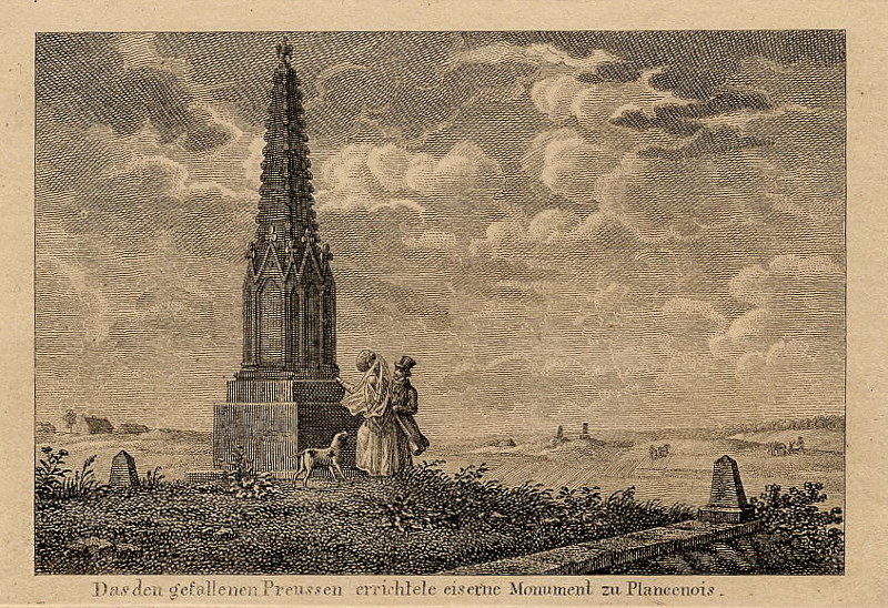 afbeelding van prent Das den gefallenen Preussen errichtete eiserne Monument zu Plancenois van nn (Plancenoit)