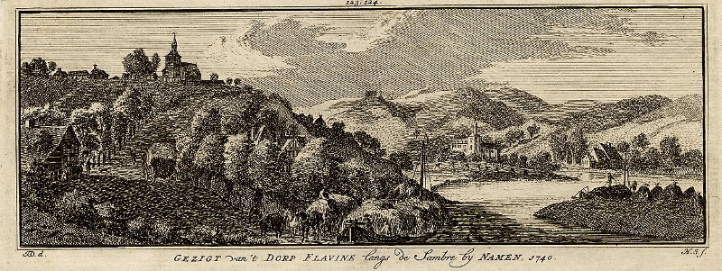 afbeelding van prent Gezigt van ´t dorp Flavine langs de Sambre bij Namen, 1740 van H. Spilman naar J. de Beyer (Namen)