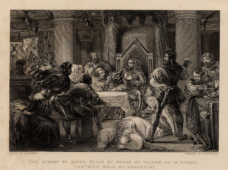 afbeelding van prent The bishop of Liege, slain by order of William de la Marck, the  van E. Portbury naar J. Franklin (Adel,)