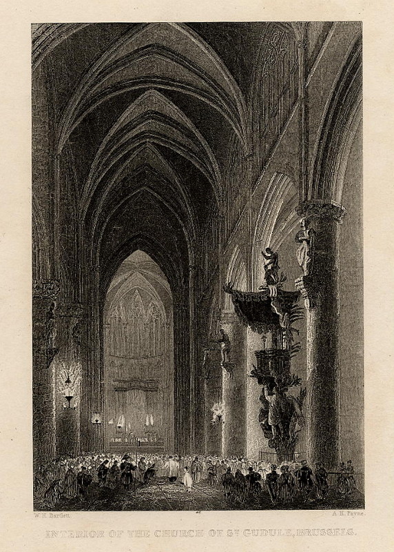 afbeelding van prent Interior of the church of St. Gudule, Brussels van A.H. Payne naar W.H. Bartlett (Brussel)
