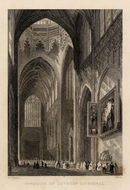 afbeelding van prent Interior of Antwerp Cathedral van J. Woods naar W.H. Bartlett (Antwerpen)