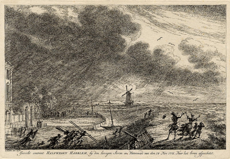 afbeelding van prent Gezicht omtrent Halfwegen Haerlem, bij den hevigen storm en watersnood van den 14 Nov. 1775 van Simon Fokke (Haarlem)
