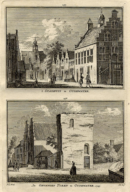 afbeelding van prent ´t Stadhuis te Oudewater, de Gevangen Toren te Oudewater 1745 van H. Spilman naar H. de Wit (Oudewater)