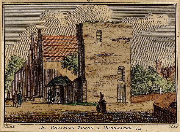 afbeelding van prent De Gevangen Toren te Oudewater 1745 van H. Spilman naar H. de Wit (Oudewater)