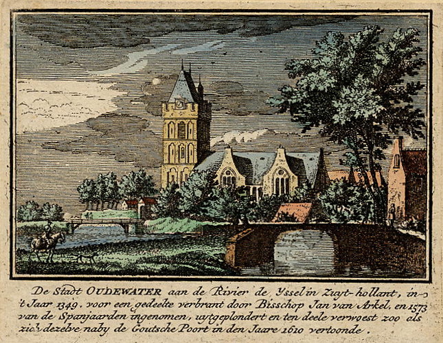 afbeelding van prent De Stadt Oudewater aan de Rivier de Yssel in Zuyt-hollant van J.M. Bregmagher naar A. Rademaker (Oudewater)