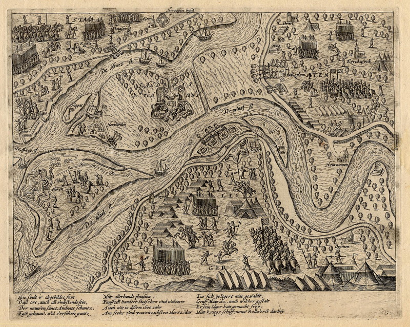afbeelding van prent Maurits neem de schans Sint-Andries in van F. Hogenberg (Heerewaarden)