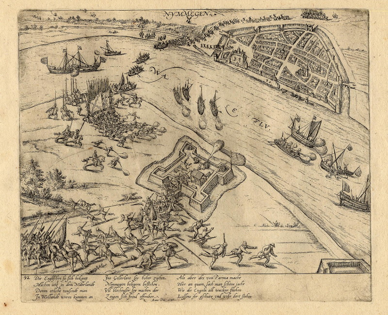 afbeelding van prent Engelsen bij Nijmegen door Parma verslagen van nn naar F. Hogenberg (Nijmegen)