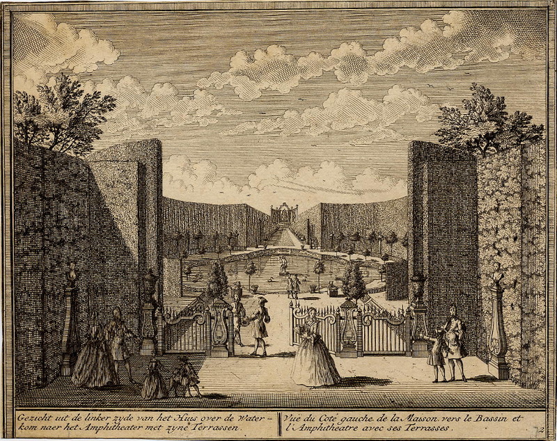 afbeelding van prent Gezicht uit de linkerzijde van het Huis over de Waterkom naar het Amphitheater met zijne Terrassen van H. de Leth (Velsen)