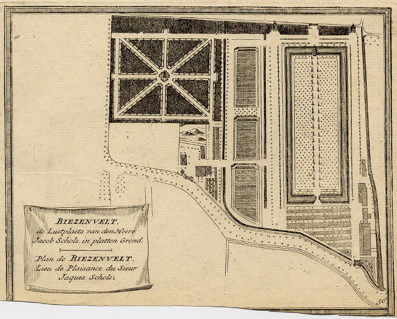 afbeelding van prent Biezenvelt, de lustplaats van den Heere Jacob Schols, in platten grond van H. de Leth (Velsen)