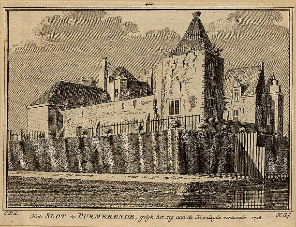 afbeelding van prent Het slot te Purmerende, gelijk het zig aan de noordzijde vertoonde, 1726 van H. Spilman en C. Pronk (Purmerend)