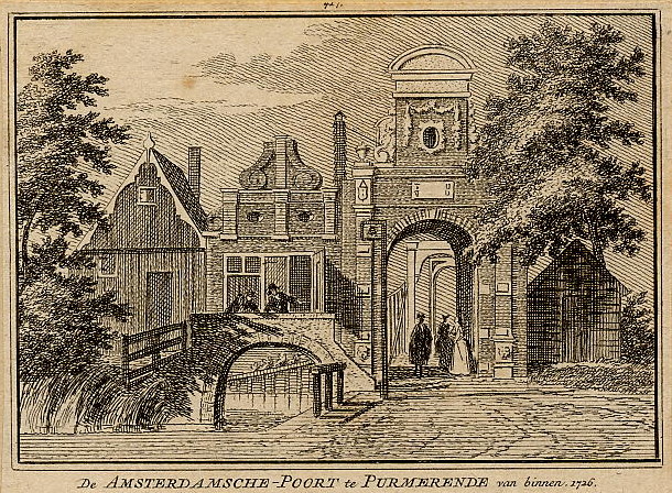 afbeelding van prent De Amsterdamsche-poort te Purmerende van binnen, 1726 van H. Spilman en C. Pronk (Purmerend)