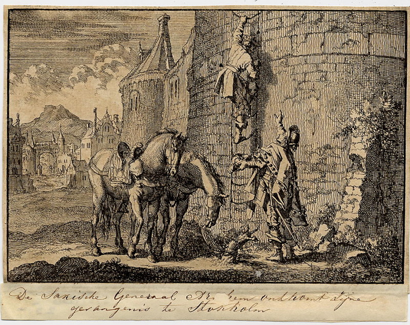 afbeelding van prent De Keur-Saksische luitenant-generaal Hans Georg von Arnim ontsnapt met een touwladder uit de gevange van Jan Luyken