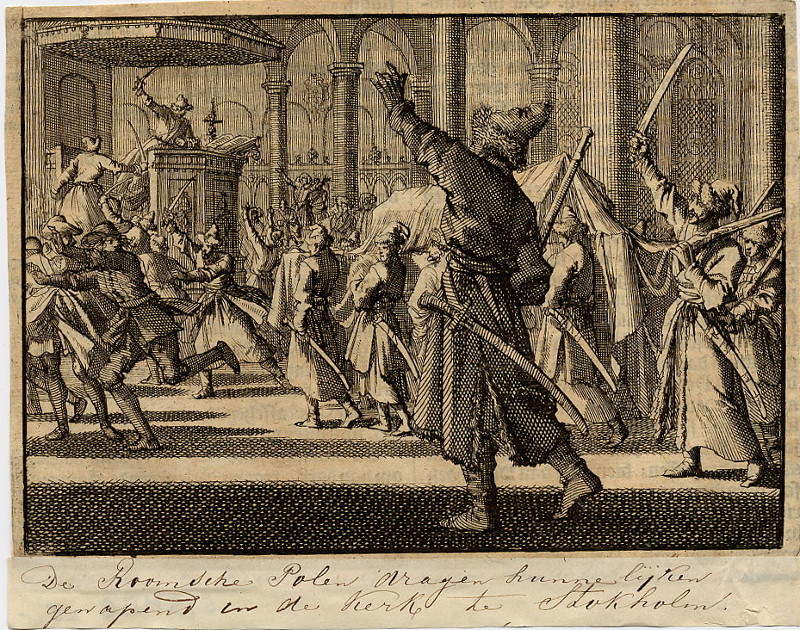 afbeelding van prent Katholieke Polakken tijdens een begrafenis in de Riddarholmskerk te Stockholm - 1593 van Jan Luyken