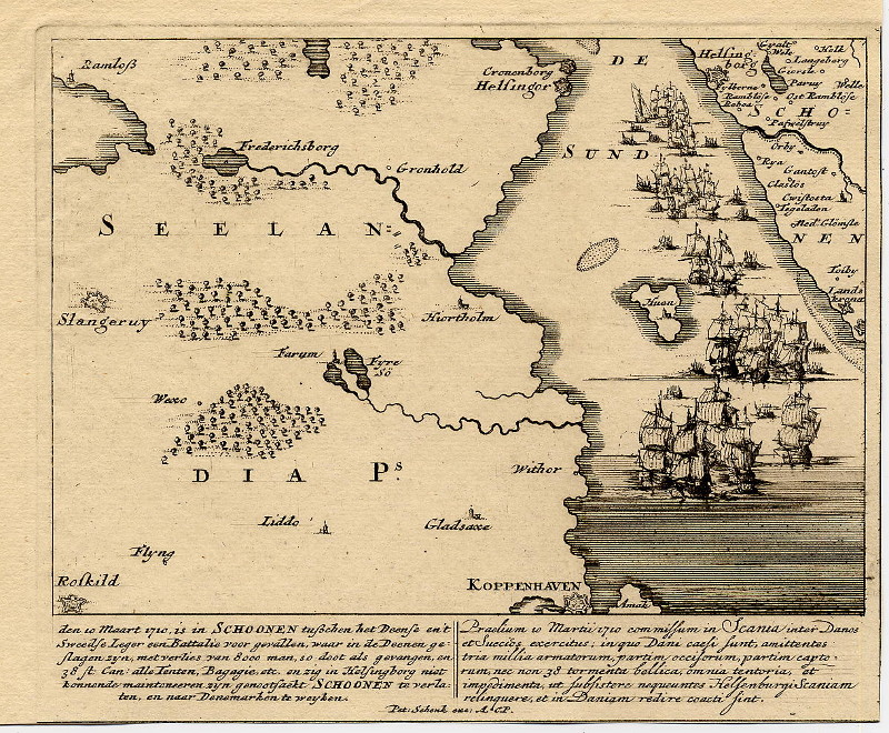afbeelding van kaart Den 10 maart 1710 is in Schoonen tusschen het Deense en ´t Sweedse leger een battalie voor gev van Petrus Schenk