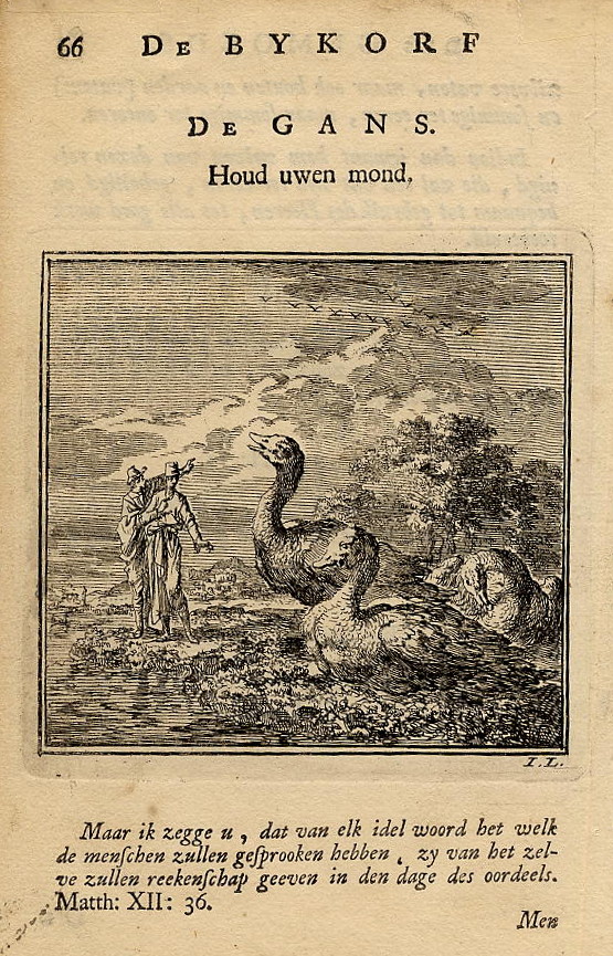 afbeelding van prent De Gans. Houd uwen mond. van Jan Luyken (Vogel, )