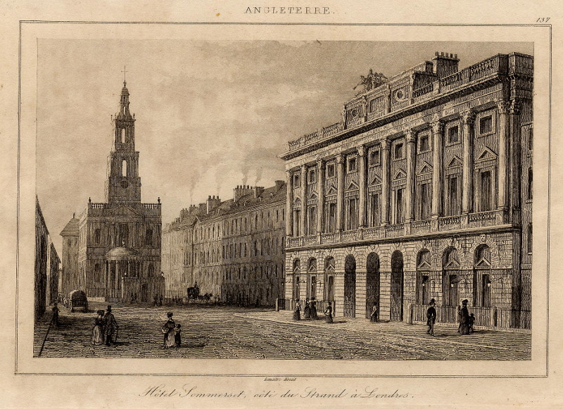 afbeelding van prent Hôtel Sommerset, côte du Strand à Londres. van Lemaitre (Londen, London)