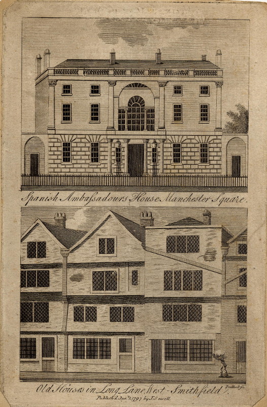 afbeelding van prent Spanish Ambassadours House, Old Houses in Long Lane West van Prattent (Londen, London)