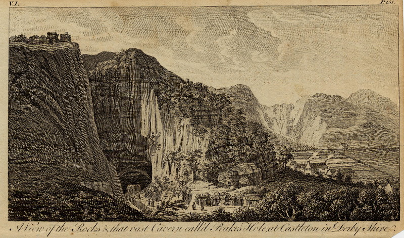 afbeelding van prent A view of the rocks & that vast cavern call´d Peakes Hole, at Castleton in Derbyshire van nn (Castleton)
