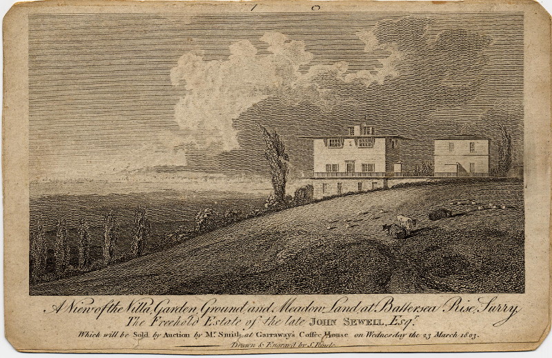 afbeelding van prent A view of the villa garden, ground and meadow land at Battersea rise, Surry van nn (Londen, London)