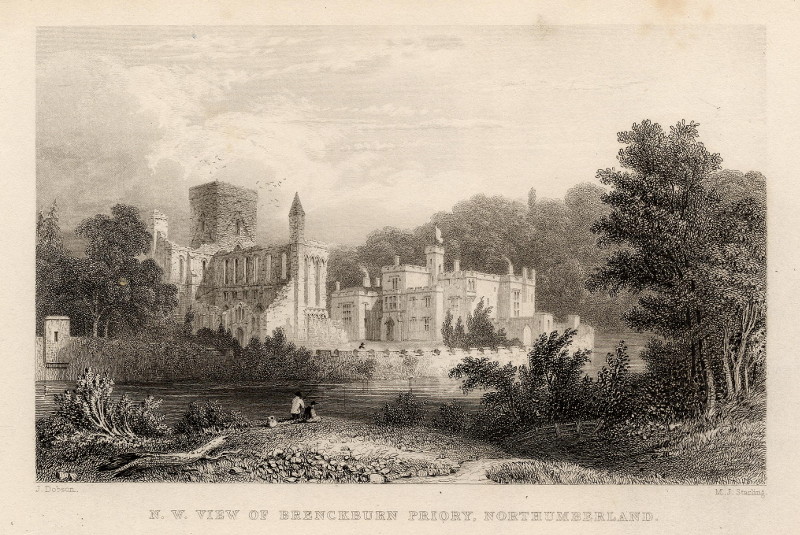 afbeelding van prent N.W. View of Brenckburn Priory, Northumberland van M.J. Starling, J. Dobson (Brinkburn)