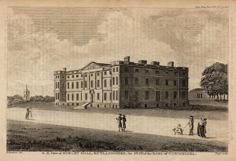 afbeelding van prent S.E. View of Burley Hall, Rutlandshire, the seat of the Earl of Winchelsea van Page, naar B. Christian (Burley)