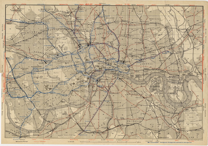 afbeelding van kaart Londen met trein, tram en metro lijnen van K. Baedeker (Londen, London)